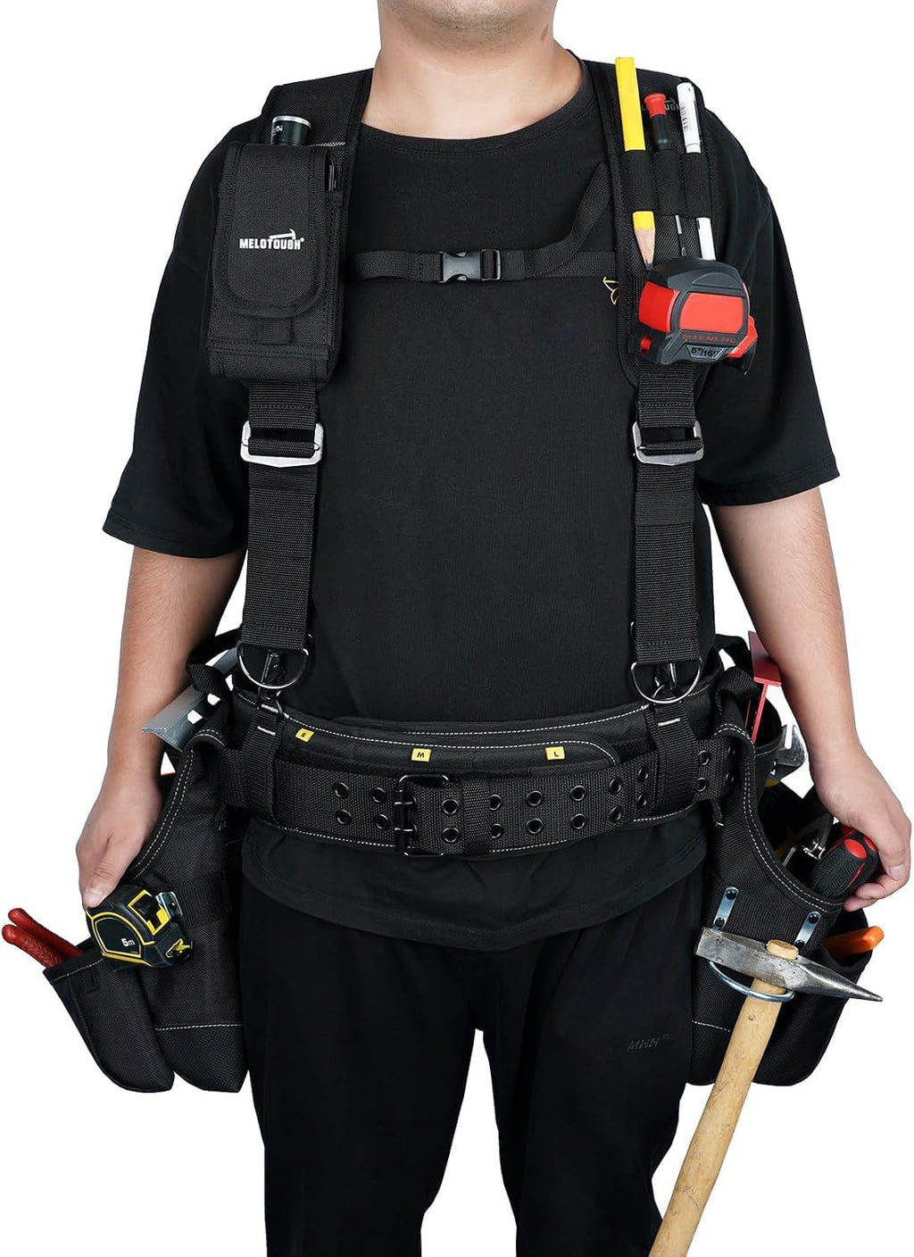 Tool Belt with Suspenders Brace Tool Bag Supenders Framers Comb Apron Tool Belt Construction Tool Pouch Builder Heavy Duty Carpenter Suspension Rig for Electrician, Roofing,Contractor, Black
