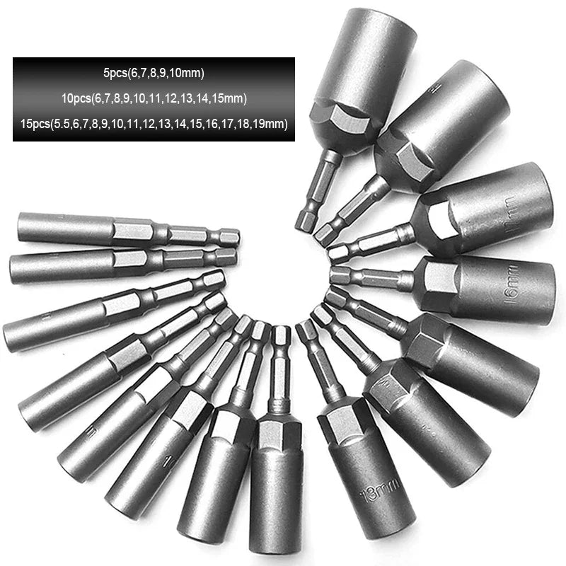 5/10/15Pcs 80Mm Length Deepen Power Nut Driver Drill Bit Set 5.5-19MM Impact Socket Adapter for Power Tools 6.35MM Hex Shank