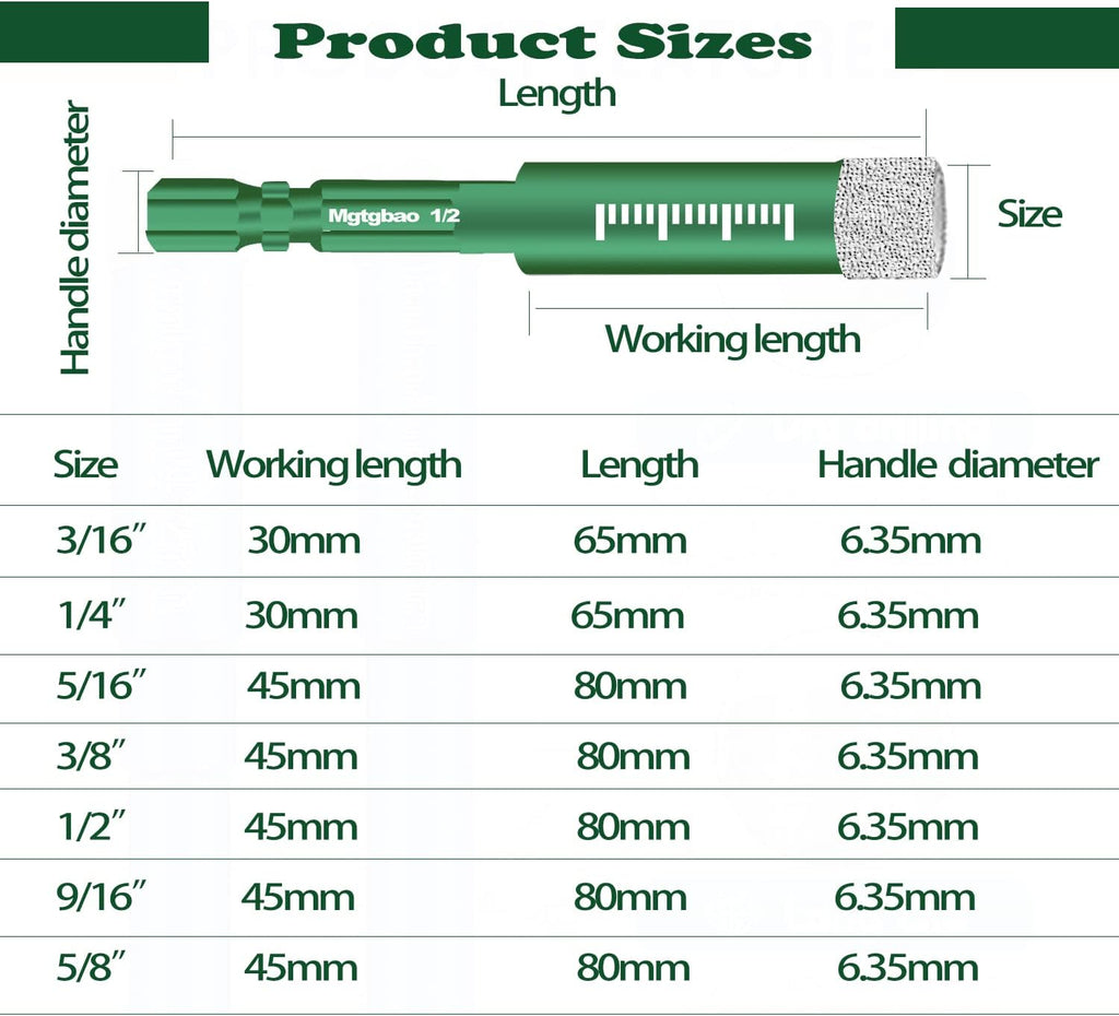 10Pc 1/4” Green Dry Diamond Drill Bits Set，10Pcs 6Mm Hex Shank Core Drill Bit Brazed with Cooling Wax for Porcelain Tile Ceramic Concrete Granite Marble Hard Materials (Not for Wood).