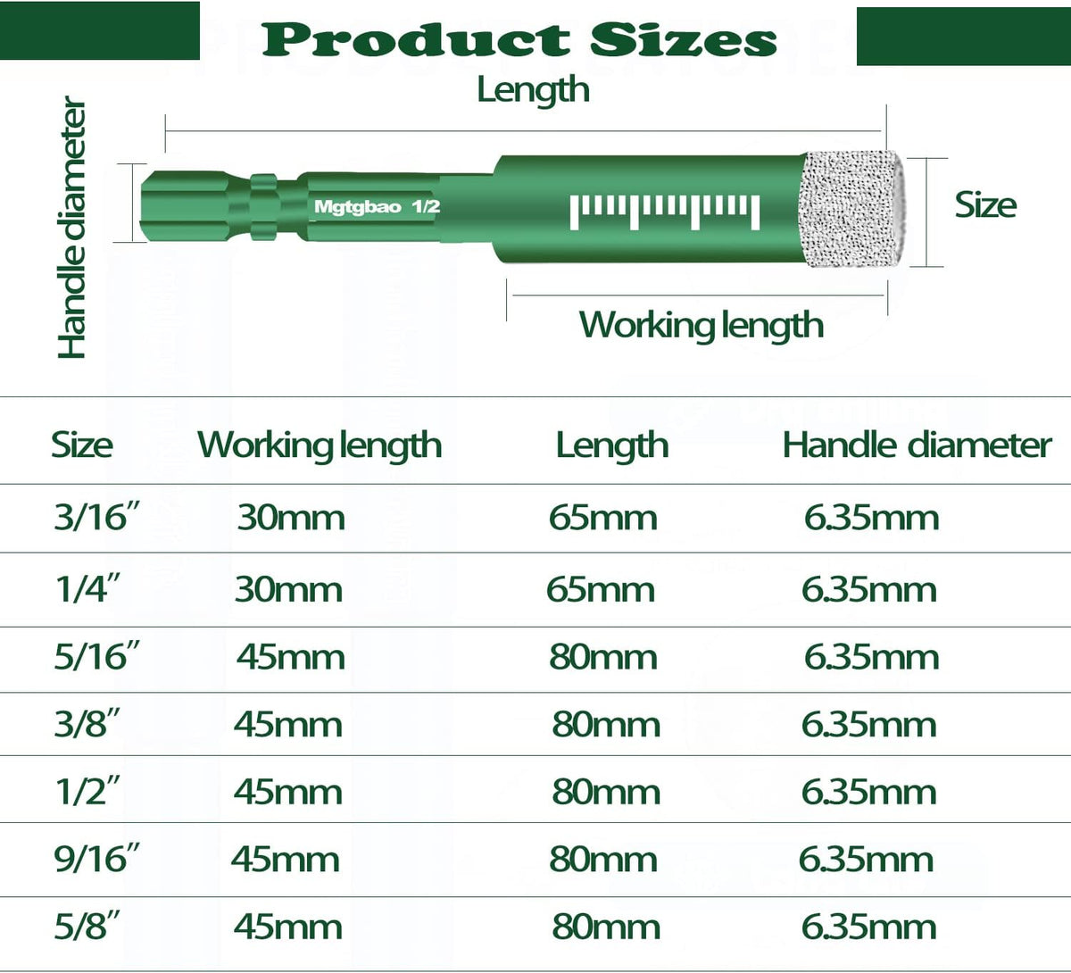 10Pc 1/4” Green Dry Diamond Drill Bits Set，10Pcs 6Mm Hex Shank Core Drill Bit Brazed with Cooling Wax for Porcelain Tile Ceramic Concrete Granite Marble Hard Materials (Not for Wood).