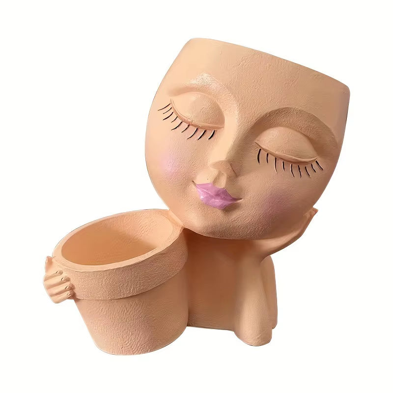 Face Planter Pot - Double Flower Pots in One for Indoor Outdoor Plants Resin Head Planter with Drainage Hole Cute Lady Face