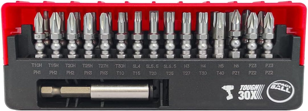 Set of 30 Impact Ball Torsion Screwdriver Bits + Bit Holder