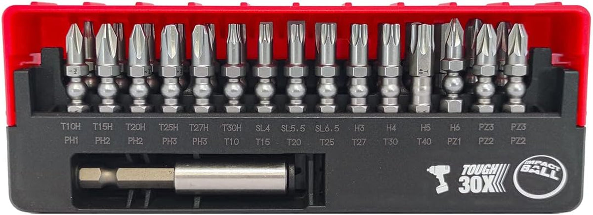 Set of 30 Impact Ball Torsion Screwdriver Bits + Bit Holder
