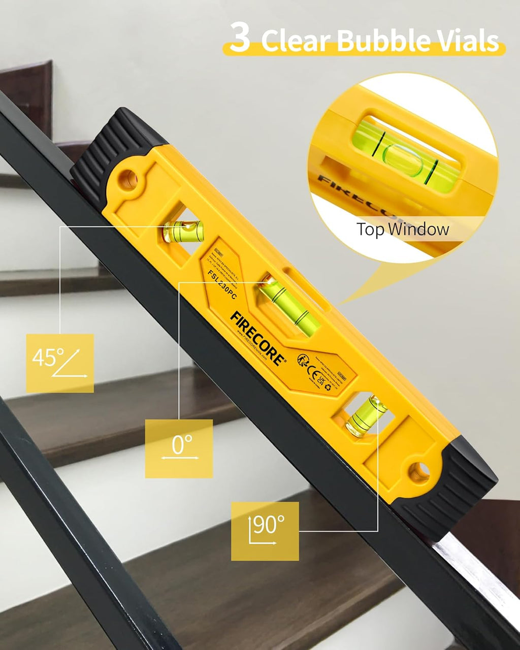 Magnetic Torpedo Level, 23Cm/9" Shockproof Toolbox Level with 3 Bubble Spirit Level 45 90 180 Degree（Fsl230Pc）