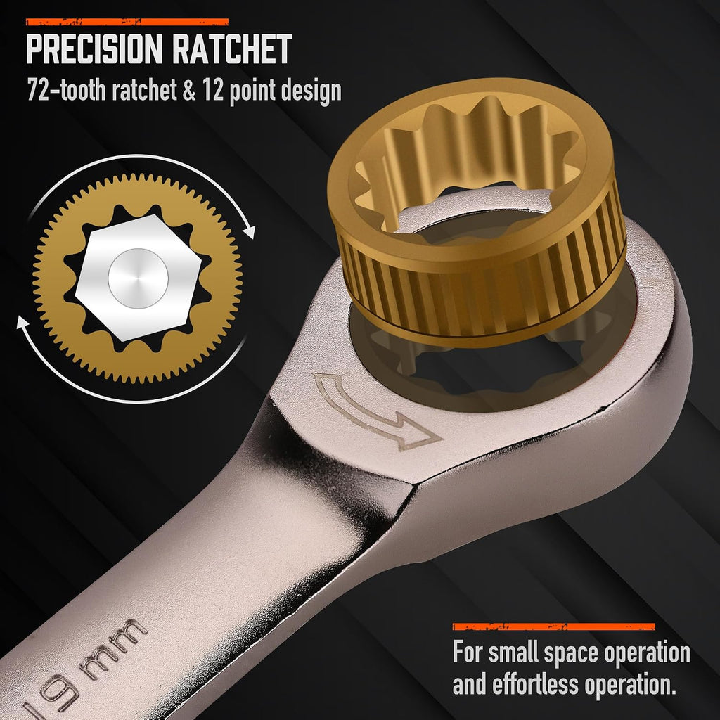 12-Piece Ratchet Spanner Set | Metric 8-19 Mm | Combination Ratcheting Spanners Set with Organizer | 72-Teeth | Nickle Plating Chrome Vanadium Steel