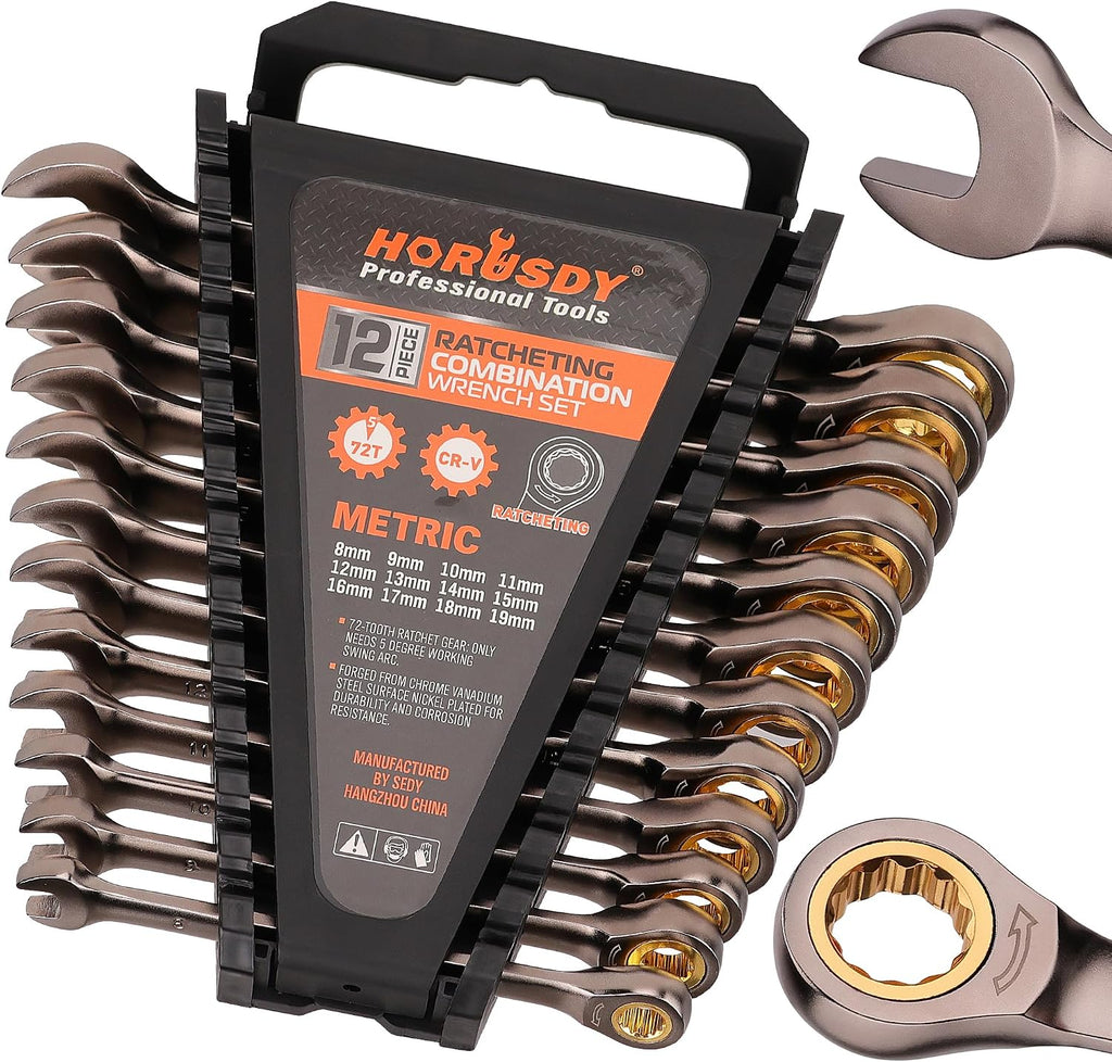 12-Piece Ratchet Spanner Set | Metric 8-19 Mm | Combination Ratcheting Spanners Set with Organizer | 72-Teeth | Nickle Plating Chrome Vanadium Steel