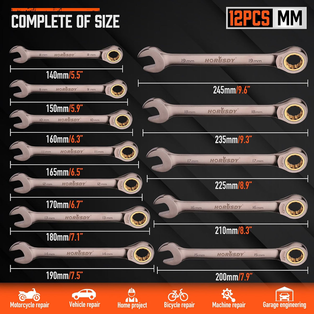 12-Piece Ratchet Spanner Set | Metric 8-19 Mm | Combination Ratcheting Spanners Set with Organizer | 72-Teeth | Nickle Plating Chrome Vanadium Steel