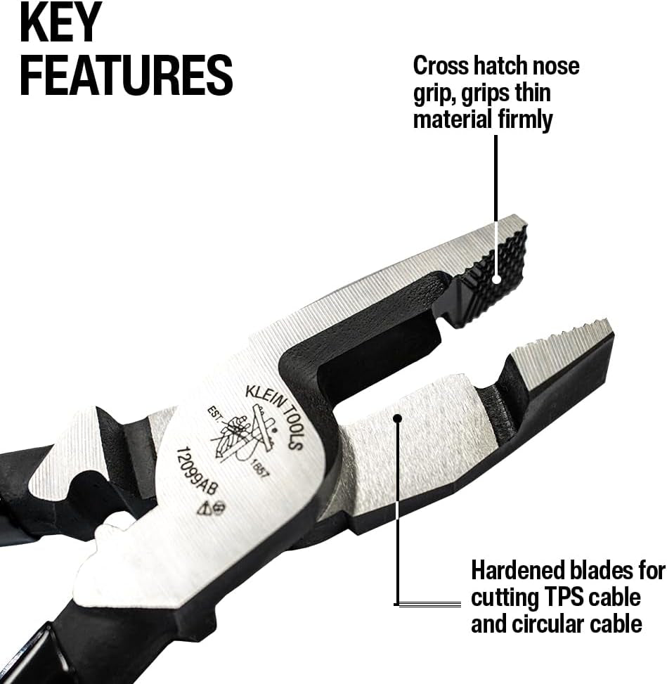 A-12099AB Cross-Cut Combination Plier, Dipped Vinyl Grip, Crimper for 2.5–6.0Mm² Terminals, Cut TPS & 4.0Mm² X 3 Flat Cable or 25Mm² X 9.2Mm Copper Cable, Made in Japan