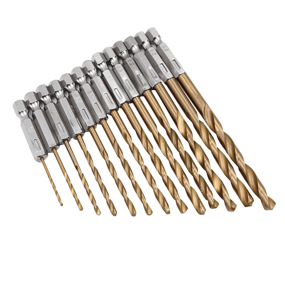 1/4” Hex Shank HSS Drill Bits, 13Pcs in Set Titanium Coated Drill Bits, 1.5Mm-6.5Mm, High Speed Steel Quick Change for Woodworking, Plastic, PVC, Cardboard