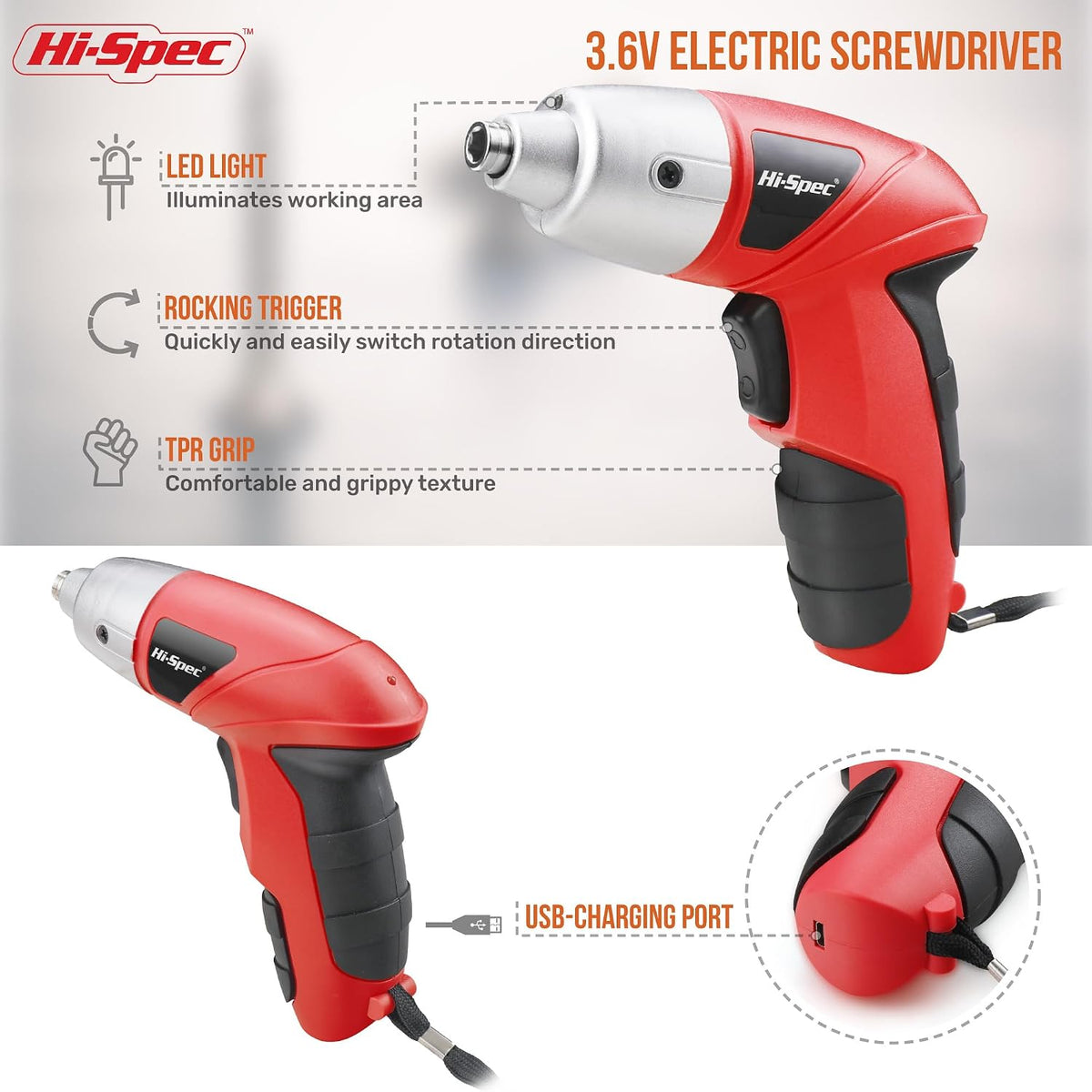 3.6V USB Electric Screwdriver with Driver Bit Set for DIY, Red