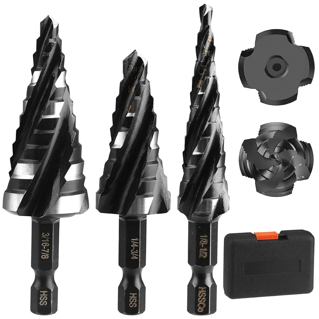 Spiral Flute Step Drill Bit Set, 3 Pcs HSS Step Drill Bits (1/8"-1-3/8") Unibit Step Drill Bit, 1/4" and 3/8" Shank Step Bits for Aluminum, Wood, Plastic, Metal