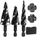 Spiral Flute Step Drill Bit Set, 3 Pcs HSS Step Drill Bits (1/8"-1-3/8") Unibit Step Drill Bit, 1/4" and 3/8" Shank Step Bits for Aluminum, Wood, Plastic, Metal