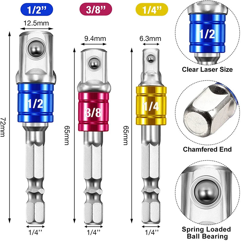 3 Pcs Drill Socket Adapter Impact Drill Extension Drill Bits Bar Socket Adapter 1/4 3/8 1/2 Size Hex Shank Square Head Drill Bit