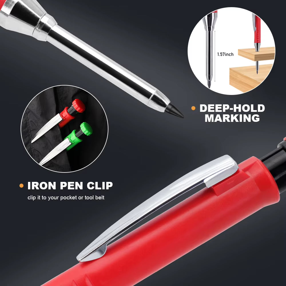 2.8Mm Professional Deep Hole Woodworking Pencil with Pencil Cap and 6Pcs Leads, Solid Carpenter Pencil Marking Drawing Supplies