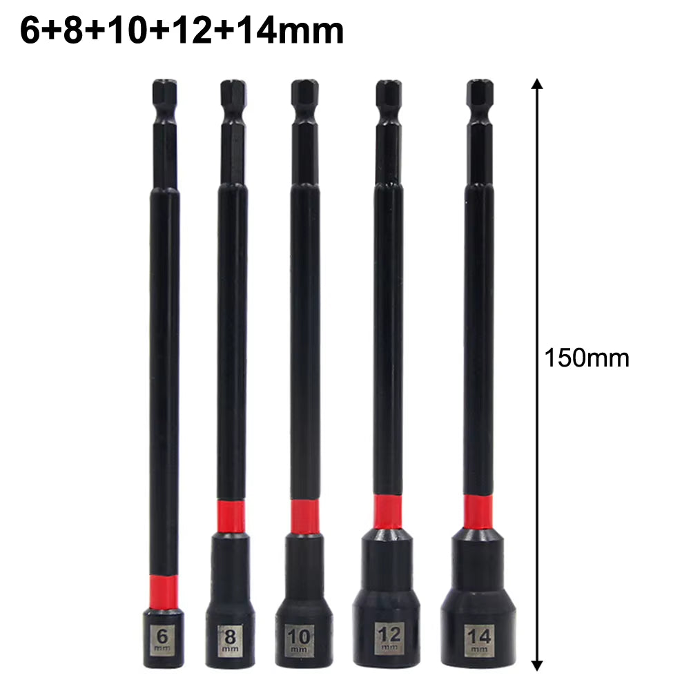 5PCS 6 Inch Magnetic Long Nut Driver 8-14Mm for Impact Drill Long Shank Nut Driver Bits Hex Socket Adapter