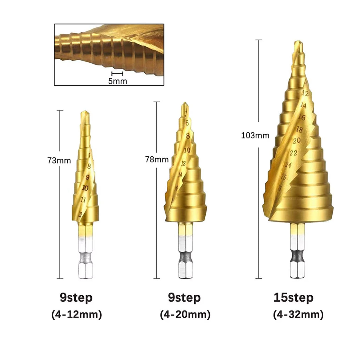 3Pcs HSS Titanium-Coated Spiral Groove Step Drill Bit 4-12 4-20 4-32 Power Tool Step Drill Bits Set Metal Multi-Hole Taper Drill