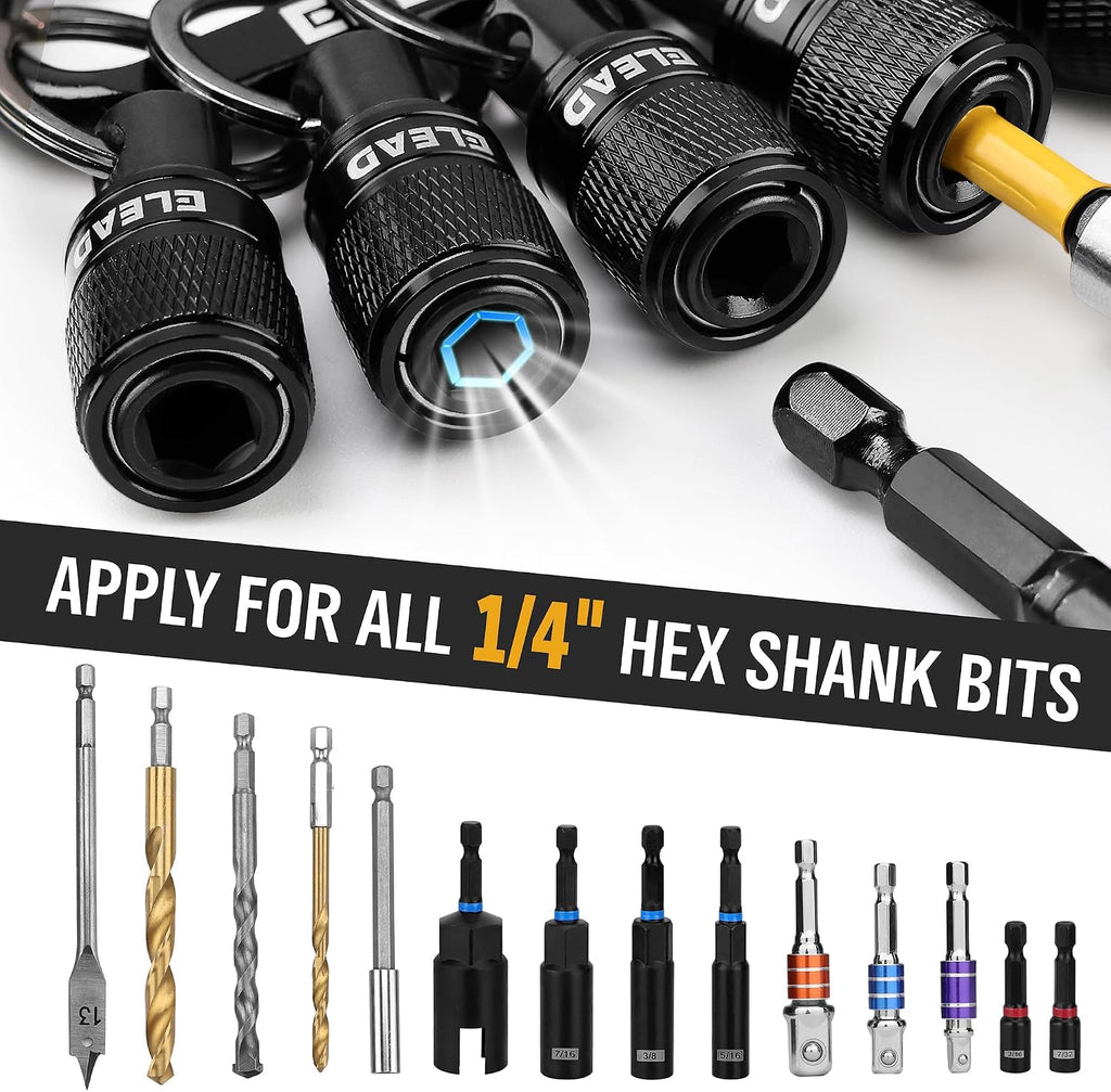 6-Piece Bit Holder Key Chain, 1/4 Inch Hex Shank Bit Holders, Quick Release Design with Keychain Carabiner for Nut Driver, Screwdriver & Drill Bits, Tools Gifts for Men