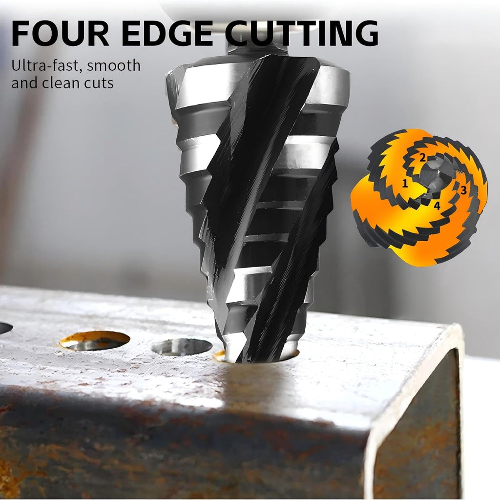Spiral Flute Step Drill Bit Set, 3 Pcs HSS Step Drill Bits (1/8"-1-3/8") Unibit Step Drill Bit, 1/4" and 3/8" Shank Step Bits for Aluminum, Wood, Plastic, Metal