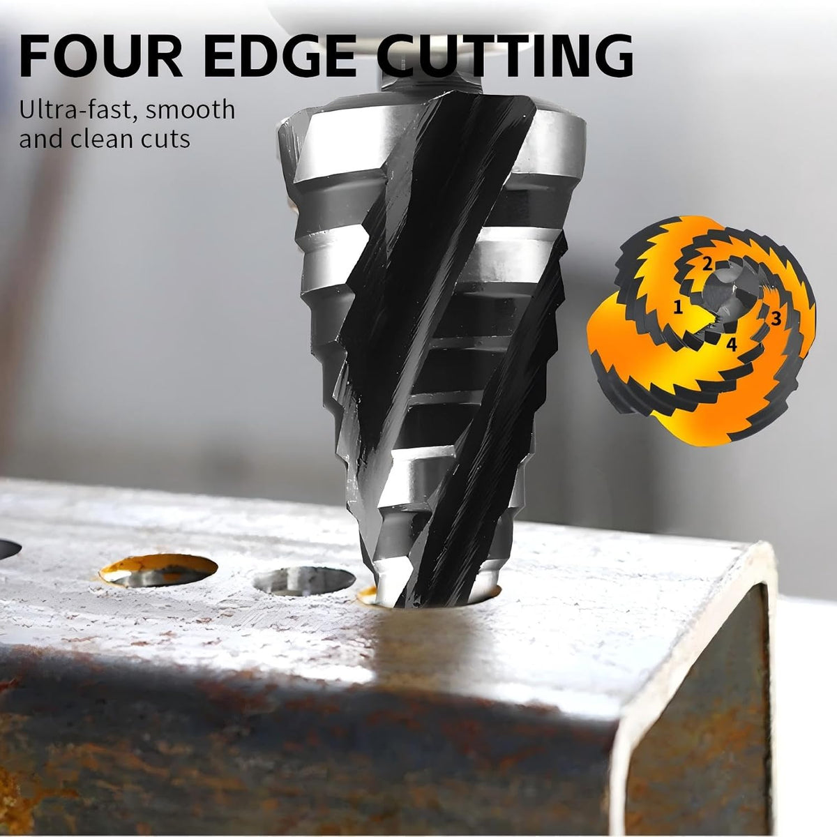 Spiral Flute Step Drill Bit Set, 3 Pcs HSS Step Drill Bits (1/8"-1-3/8") Unibit Step Drill Bit, 1/4" and 3/8" Shank Step Bits for Aluminum, Wood, Plastic, Metal