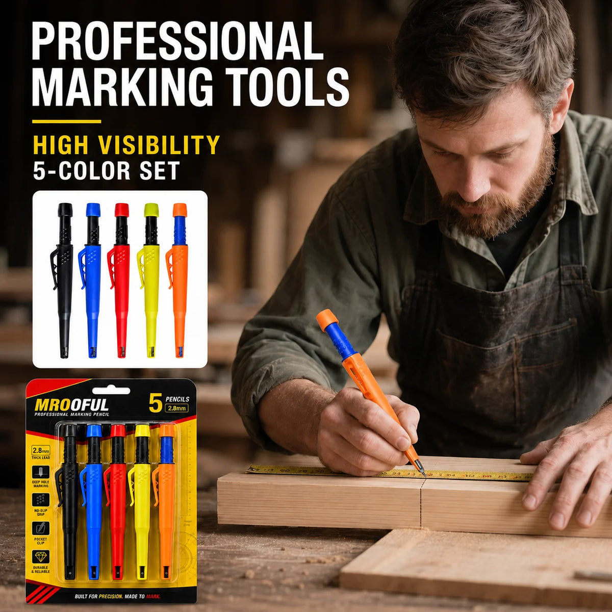 2.8Mm Professional Carpenter Pencil Card Set Deep Hole Marking Tool Pen Built in Pencil Sharpener,For Carpenters Engineering