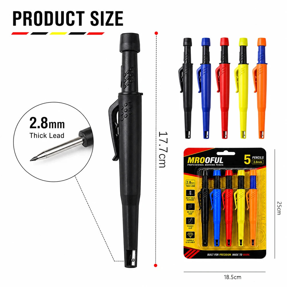 2.8Mm Professional Carpenter Pencil Card Set Deep Hole Marking Tool Pen Built in Pencil Sharpener,For Carpenters Engineering