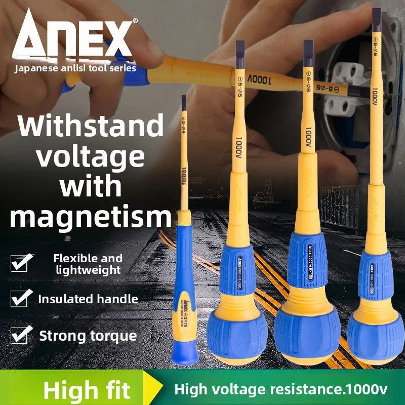 Japan ANEX Imported Screwdriver Insulated Strong Magnetic Professional Electrician Tool Durable Non-Magnetic
