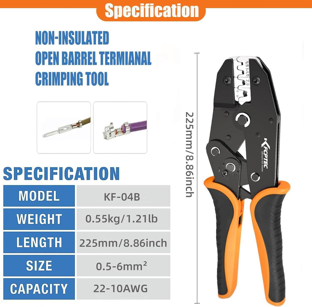 04B Ratcheting Wire Crimper for Open Barrel Terminals, 0.5–6 Mm²