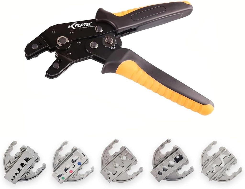 Ratcheting Crimping Tool, 5 Quick-Change Jaws for Wire Terminals