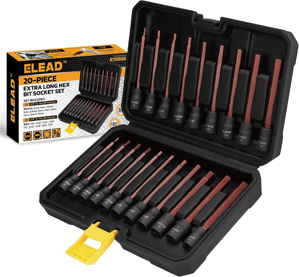 20-Piece Extra-Long Hex Socket Set: 3/8 Inch Drive Allen Key Socket Set, S2 Steel, Standard SAE & Metric (1/8-Inch - 7/16-Inch, 3-12Mm) with Storage Case