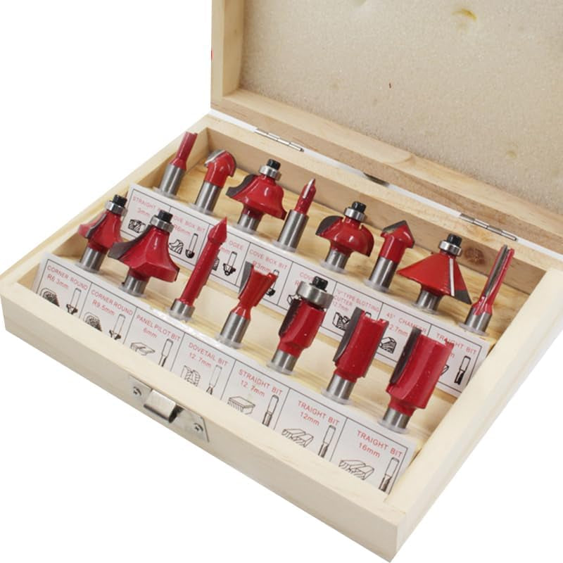 15X 1/2 1/4 Inch Router Bits Set Woodworking Tool Cutter Shank Tungsten Carbide, Precision Cutting, Durable Alloy Steel, Includes Wooden Storage Case