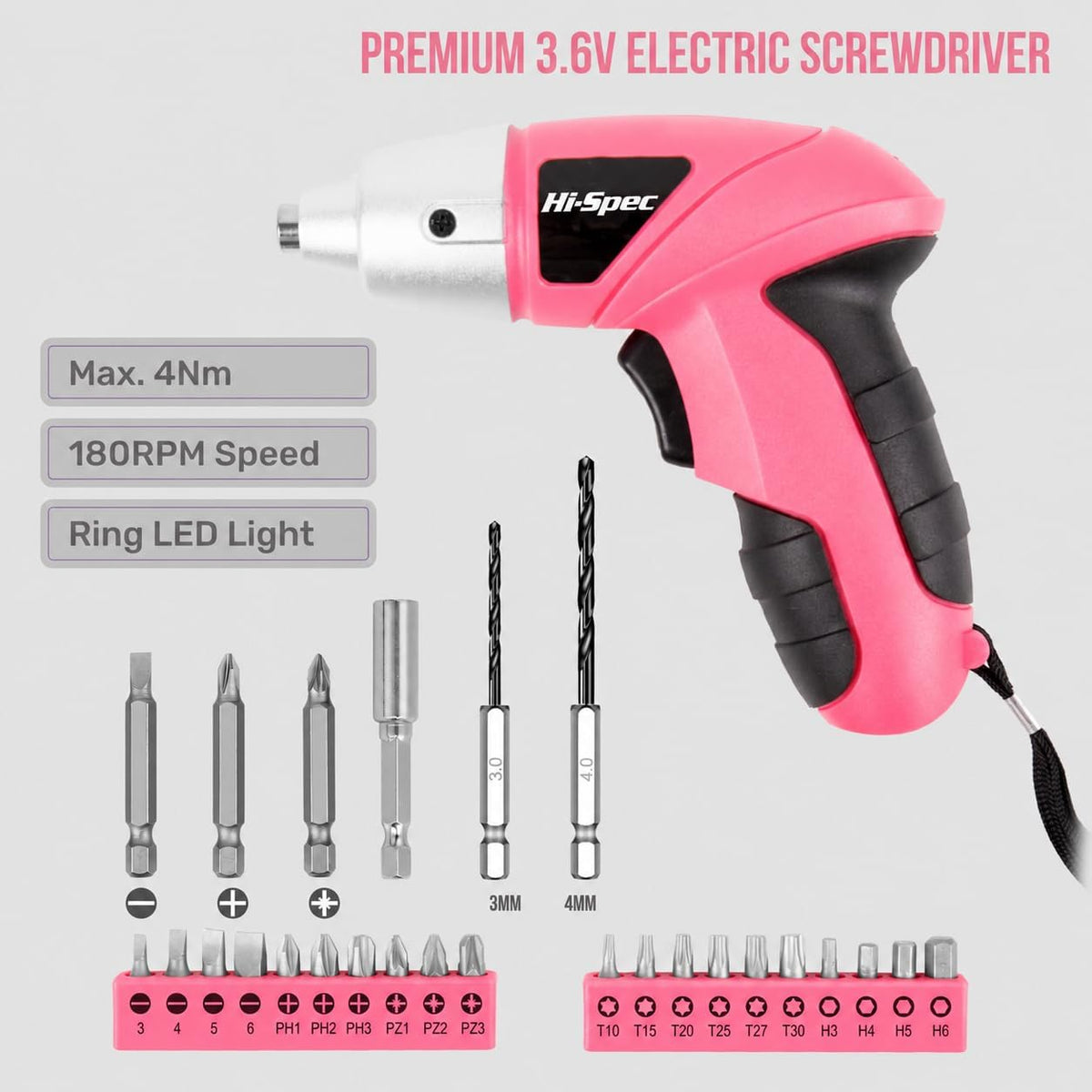3.6V USB Electric Screwdriver with Driver Bit Set for DIY, Pink