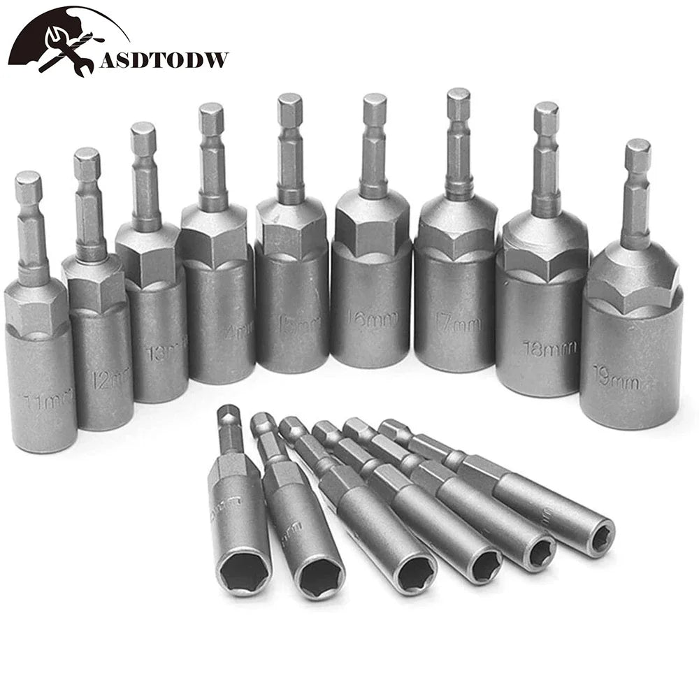 5/10/15Pcs 80Mm Length Deepen Power Nut Driver Drill Bit Set 5.5-19MM Impact Socket Adapter for Power Tools 6.35MM Hex Shank