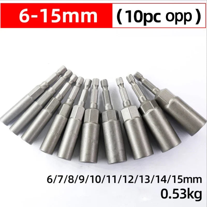 5/10/15Pcs 80Mm Length Deepen Power Nut Driver Drill Bit Set 5.5-19MM Impact Socket Adapter for Power Tools 6.35MM Hex Shank
