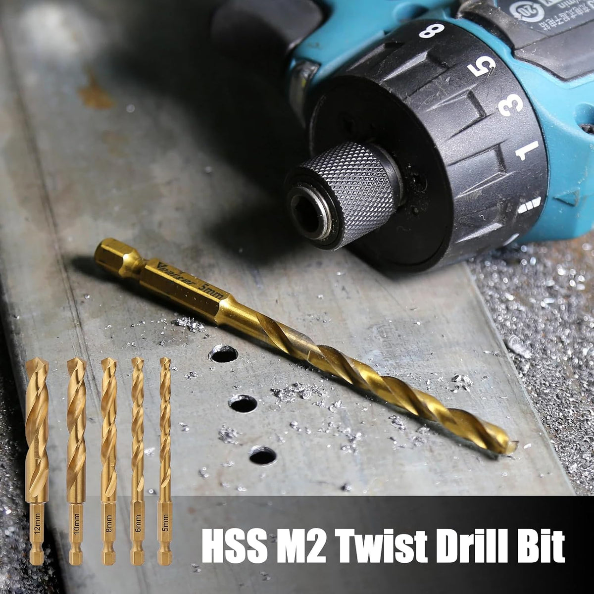 5PCS 5/6/8/10/12Mm HSS M2 Twist Drill Bit, Hex Shank for Metal