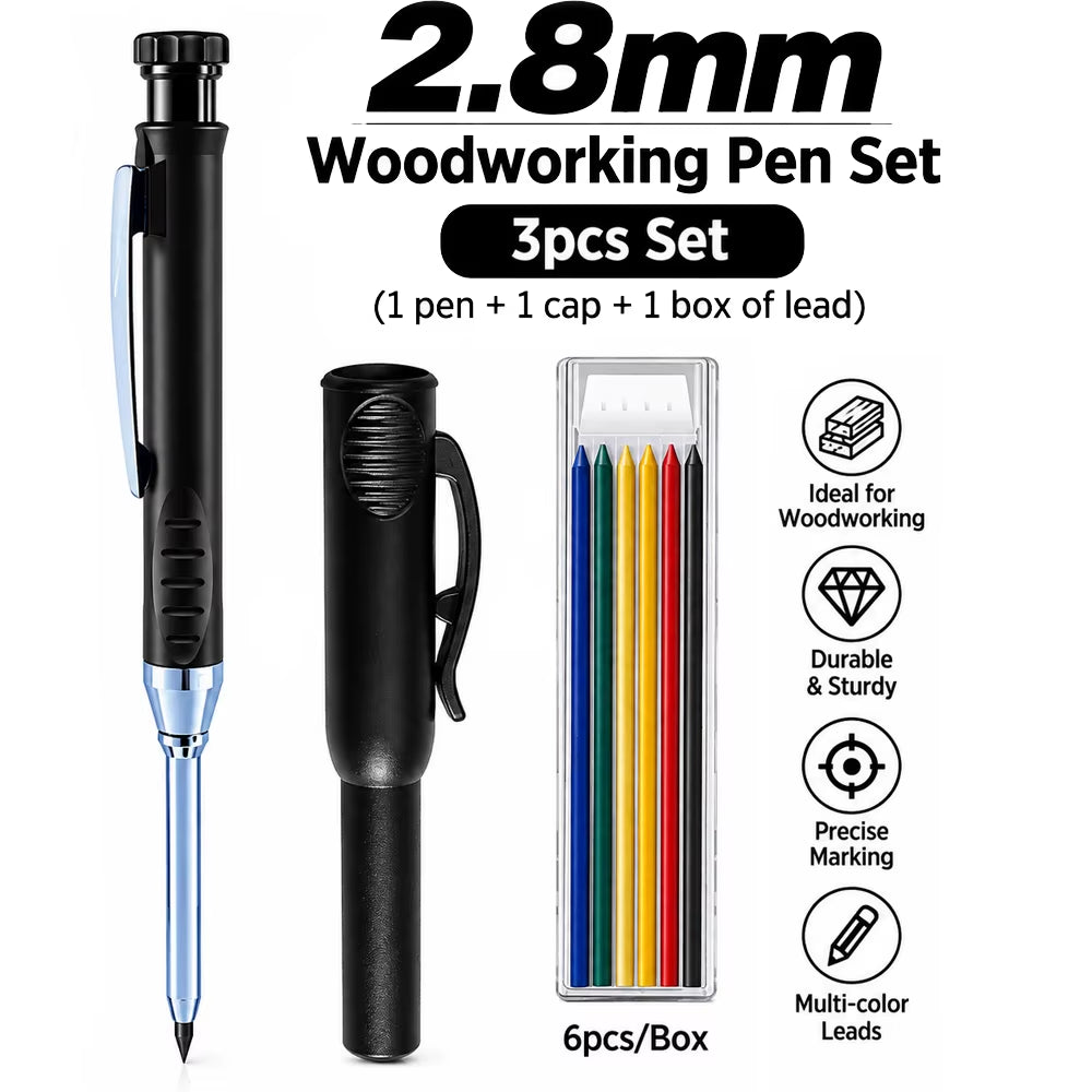 2.8Mm Professional Deep Hole Woodworking Pencil with Pencil Cap and 6Pcs Leads, Solid Carpenter Pencil Marking Drawing Supplies