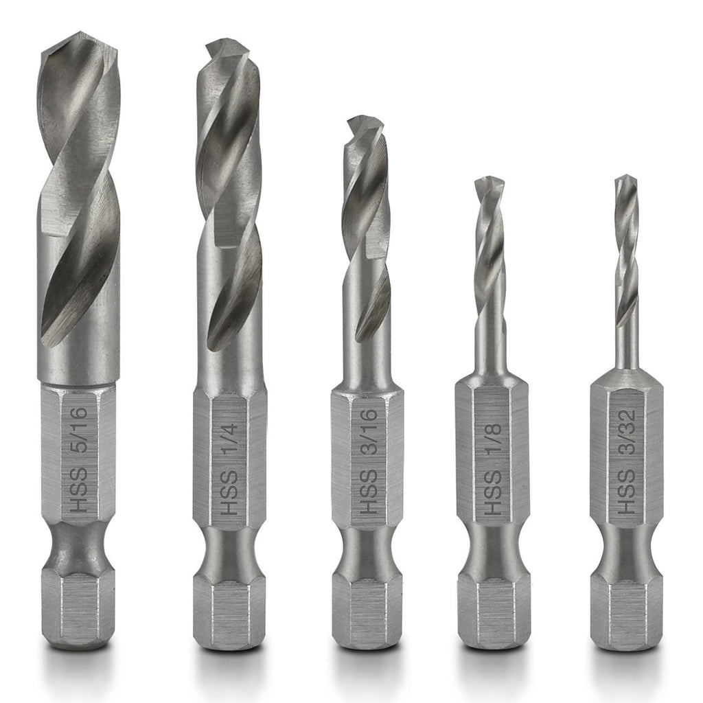 11402A Stubby Drill Bit Set for Metal | 5 Piece | 1/4" Quick Change Hex Shank | M2 High Speed Steel | for Quick Change Chucks and Drives | Drill Bit Holder Included