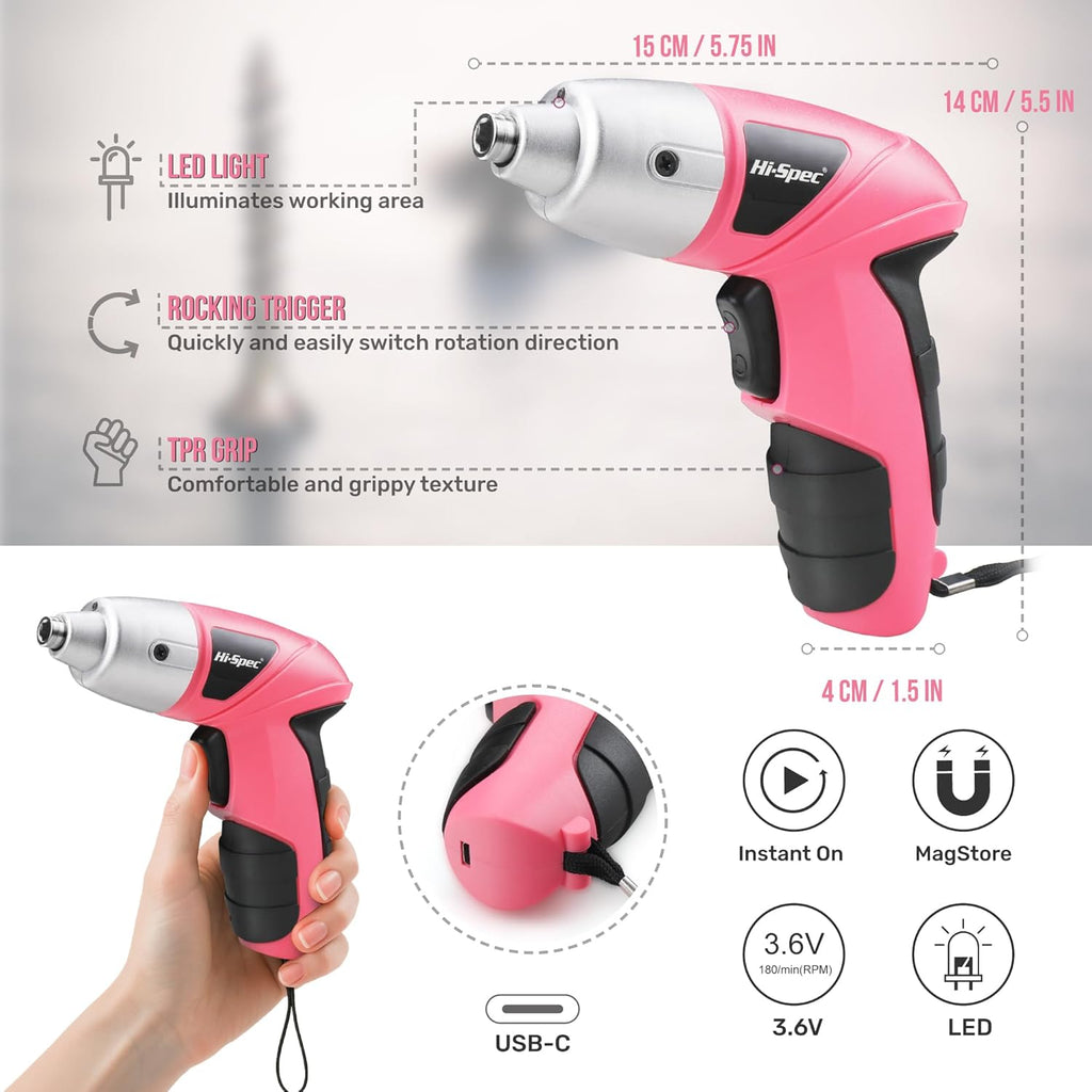 3.6V USB Electric Screwdriver with Driver Bit Set for DIY, Pink