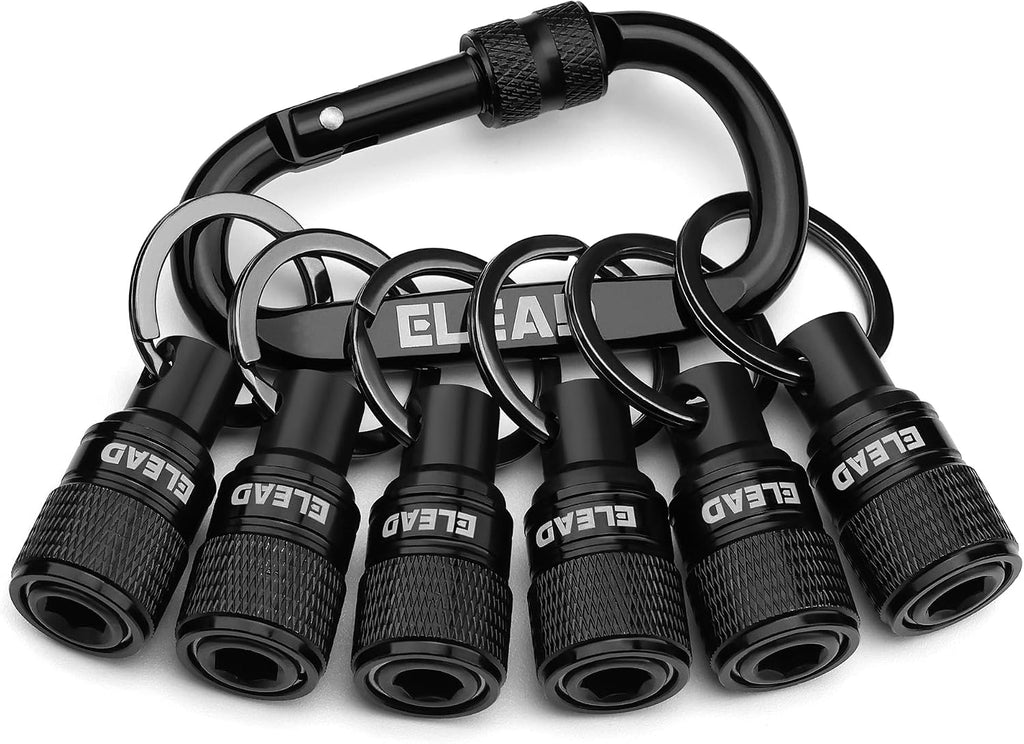 6-Piece Bit Holder Key Chain, 1/4 Inch Hex Shank Bit Holders, Quick Release Design with Keychain Carabiner for Nut Driver, Screwdriver & Drill Bits, Tools Gifts for Men