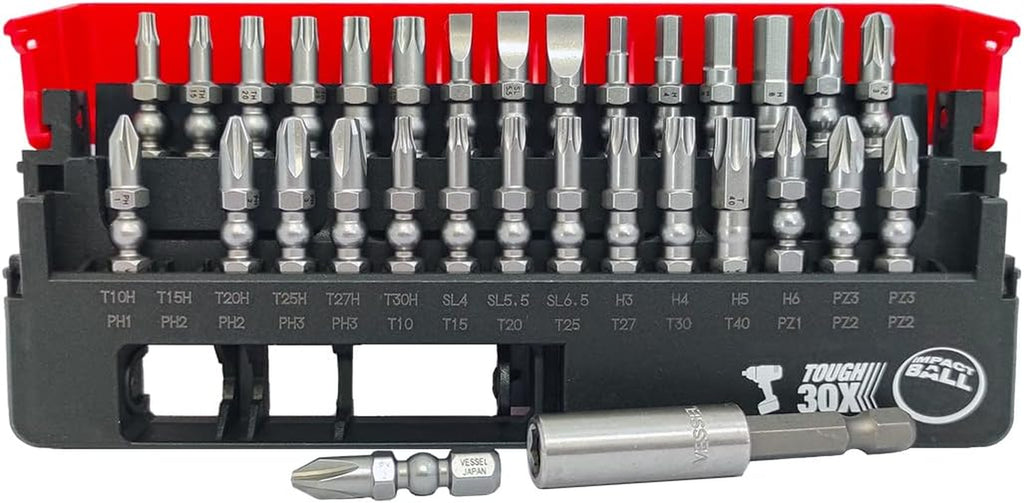 Set of 30 Impact Ball Torsion Screwdriver Bits + Bit Holder