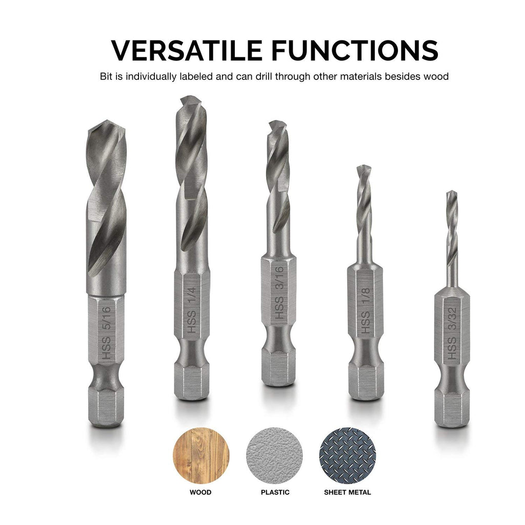 11402A Stubby Drill Bit Set for Metal | 5 Piece | 1/4" Quick Change Hex Shank | M2 High Speed Steel | for Quick Change Chucks and Drives | Drill Bit Holder Included
