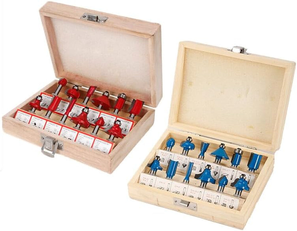15X 1/2 1/4 Inch Router Bits Set Woodworking Tool Cutter Shank Tungsten Carbide, Precision Cutting, Durable Alloy Steel, Includes Wooden Storage Case