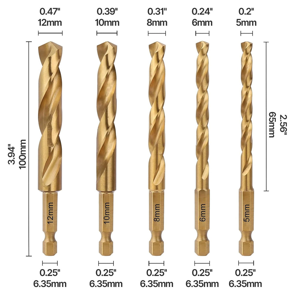5PCS 5/6/8/10/12Mm HSS M2 Twist Drill Bit, Hex Shank for Metal