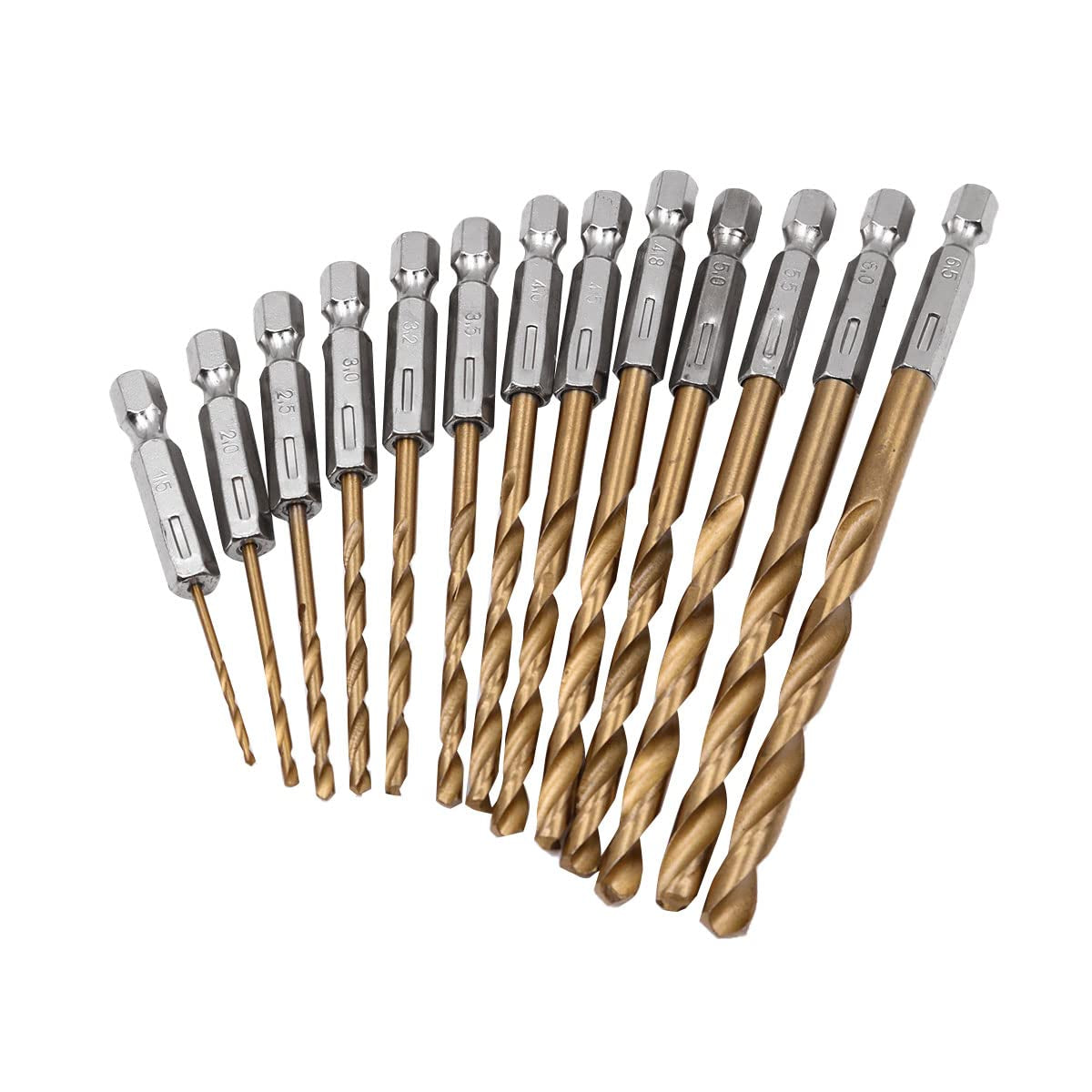 1/4” Hex Shank HSS Drill Bits, 13Pcs in Set Titanium Coated Drill Bits, 1.5Mm-6.5Mm, High Speed Steel Quick Change for Woodworking, Plastic, PVC, Cardboard