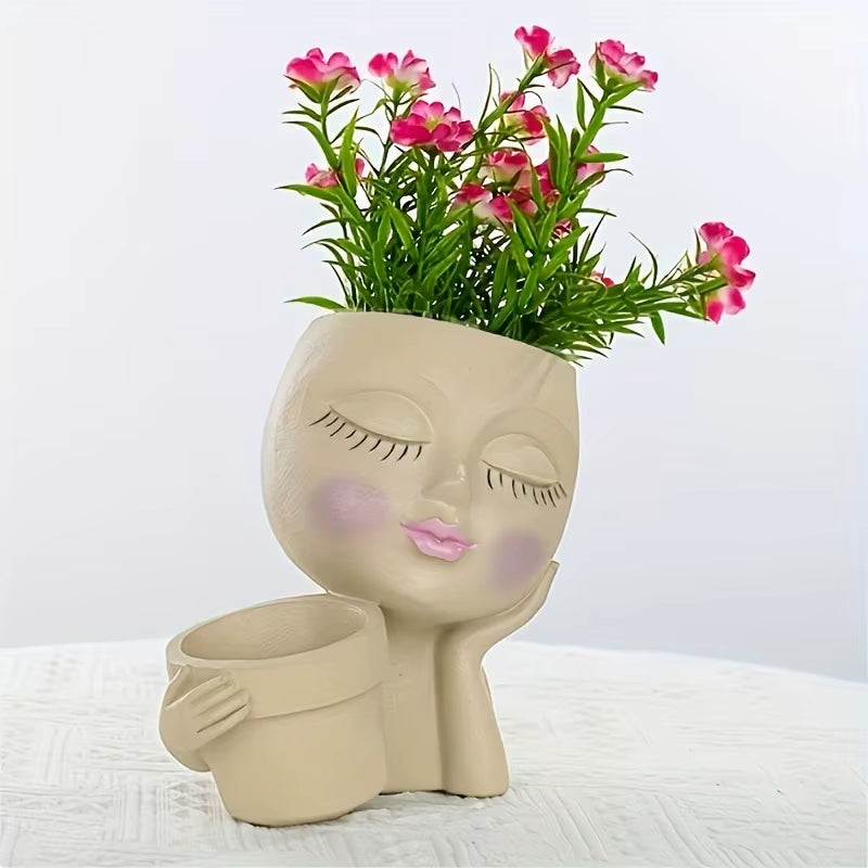 Face Planter Pot - Double Flower Pots in One for Indoor Outdoor Plants Resin Head Planter with Drainage Hole Cute Lady Face