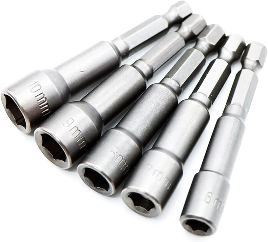 1/4" Hex Shank 6Mm/7Mm/8Mm/9Mm/10Mm Drill Socket Kit,Power Nut Driver Bit Set,Electronic Quickly Change Magnetic Power Nut Setters,Special Tools for Nut Bolt