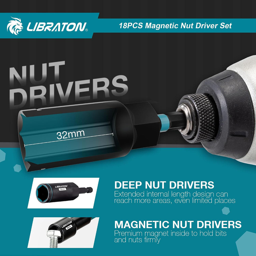 Magnetic Nut Driver Set, 18Pcs Impact Driver Bit Set, Deep Nut Drivers Set, Metric Nut Driver for Impact Drill, 5-14 MM Nut Drivers and 6-17 MM Nut Deep Drivers, Bit Holder, for Car Repairs