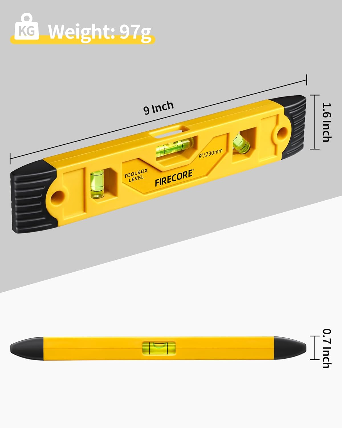 Magnetic Torpedo Level, 23Cm/9" Shockproof Toolbox Level with 3 Bubble Spirit Level 45 90 180 Degree（Fsl230Pc）