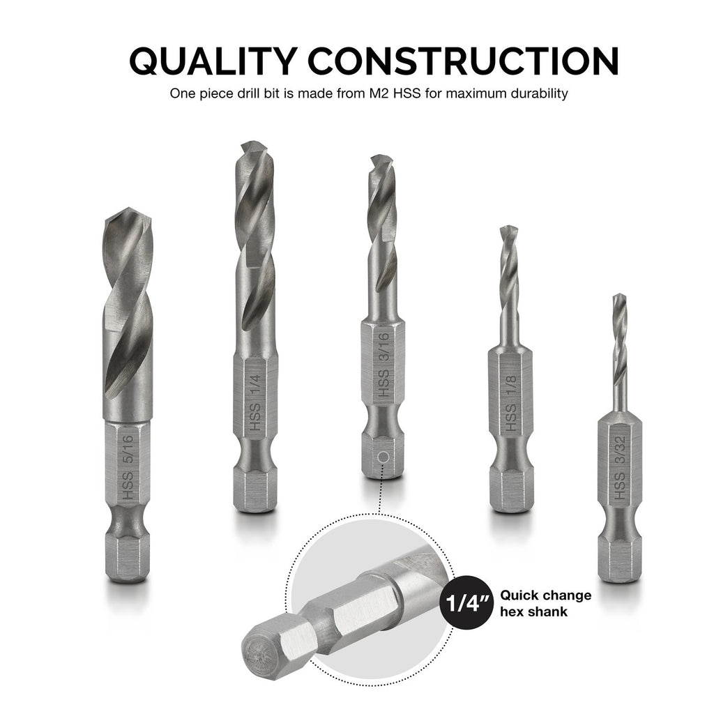 11402A Stubby Drill Bit Set for Metal | 5 Piece | 1/4" Quick Change Hex Shank | M2 High Speed Steel | for Quick Change Chucks and Drives | Drill Bit Holder Included