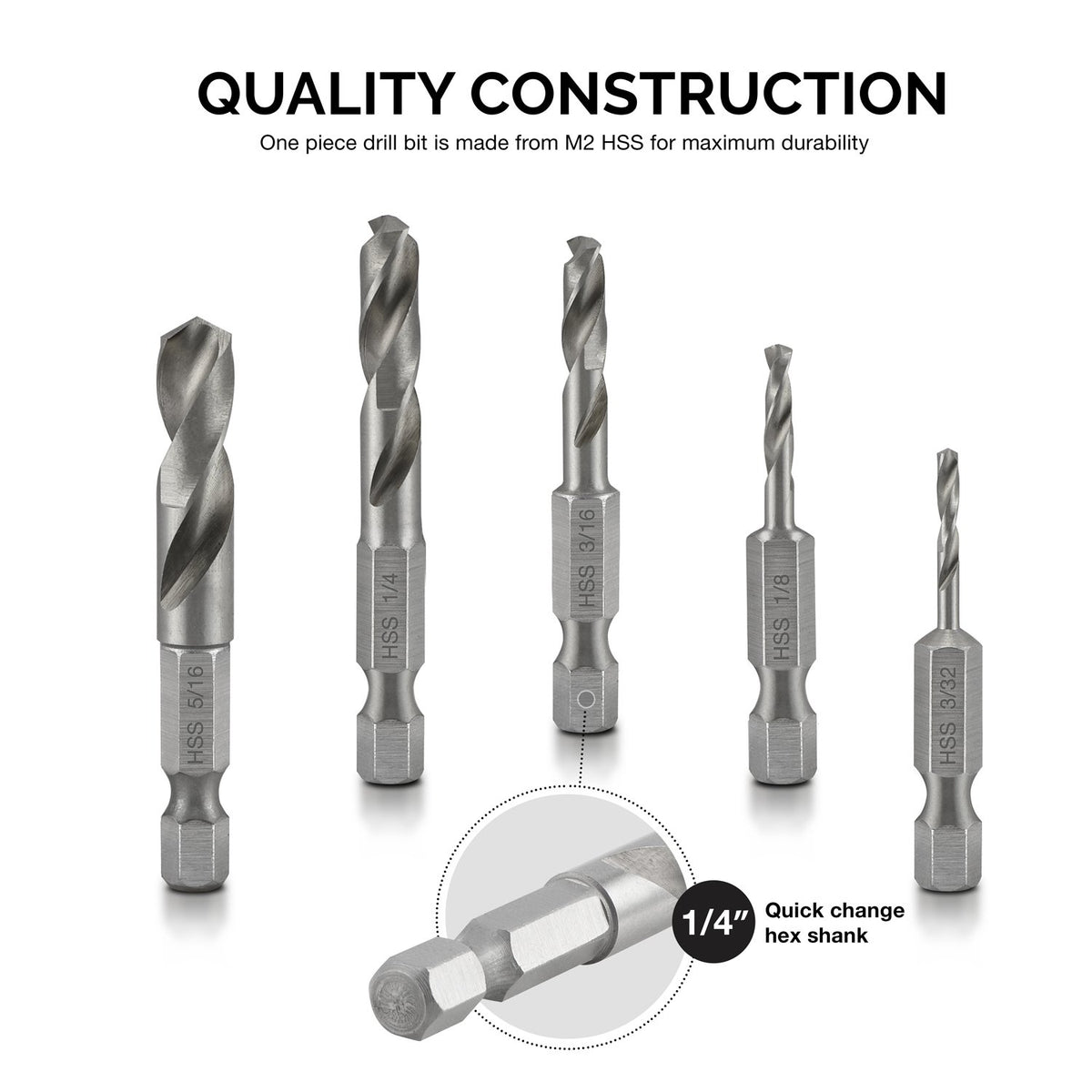 11402A Stubby Drill Bit Set for Metal | 5 Piece | 1/4" Quick Change Hex Shank | M2 High Speed Steel | for Quick Change Chucks and Drives | Drill Bit Holder Included