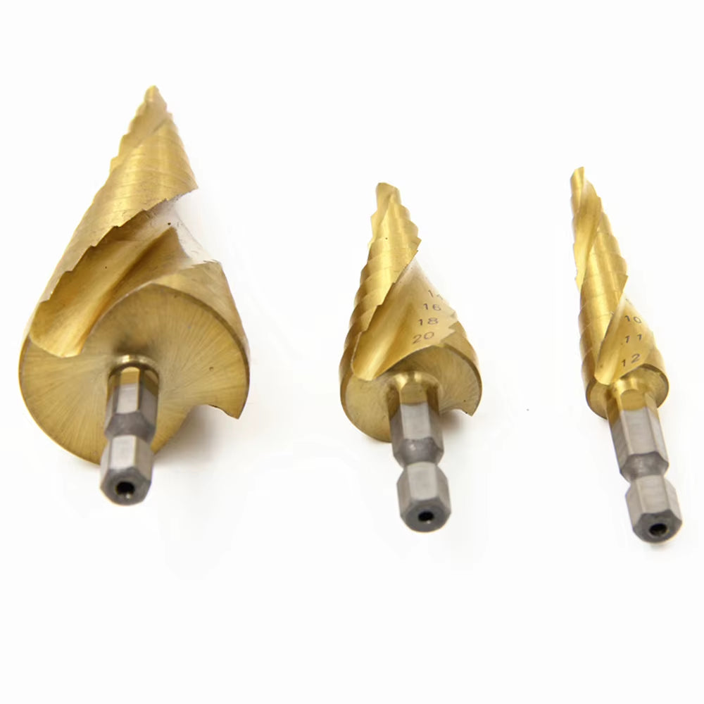 3Pcs HSS Titanium-Coated Spiral Groove Step Drill Bit 4-12 4-20 4-32 Power Tool Step Drill Bits Set Metal Multi-Hole Taper Drill